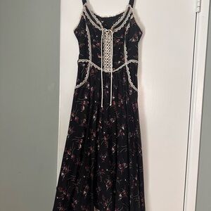 Gunne Sax Black Floral Dress with Lace Trim